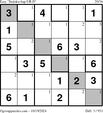 The grouppuzzles.com Easy Sudoku-6up-UR-D puzzle for Saturday October 19, 2024 with the first 3 steps marked