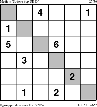 The grouppuzzles.com Medium Sudoku-6up-UR-D puzzle for Saturday October 19, 2024