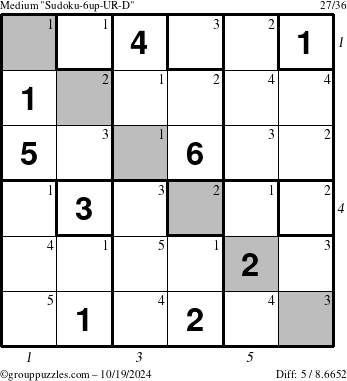 The grouppuzzles.com Medium Sudoku-6up-UR-D puzzle for Saturday October 19, 2024, suitable for printing, with all 5 steps marked