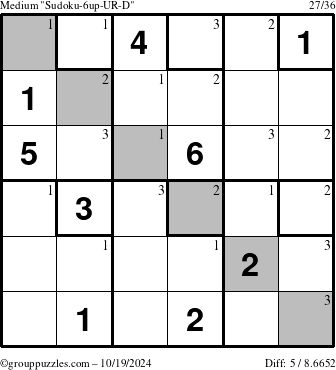 The grouppuzzles.com Medium Sudoku-6up-UR-D puzzle for Saturday October 19, 2024 with the first 3 steps marked