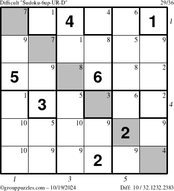 The grouppuzzles.com Difficult Sudoku-6up-UR-D puzzle for Saturday October 19, 2024 with all 10 steps marked