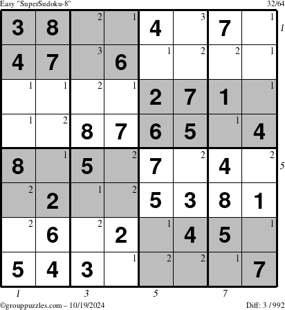 The grouppuzzles.com Easy SuperSudoku-8 puzzle for Saturday October 19, 2024 with all 3 steps marked