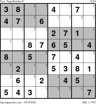 The grouppuzzles.com Easy SuperSudoku-8 puzzle for Saturday October 19, 2024 with the first 3 steps marked