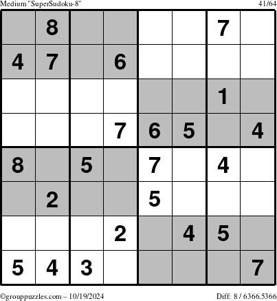 The grouppuzzles.com Medium SuperSudoku-8 puzzle for Saturday October 19, 2024