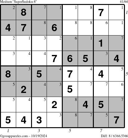 The grouppuzzles.com Medium SuperSudoku-8 puzzle for Saturday October 19, 2024 with all 8 steps marked