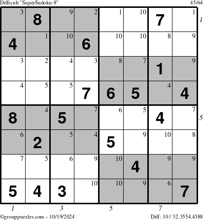 The grouppuzzles.com Difficult SuperSudoku-8 puzzle for Saturday October 19, 2024 with all 10 steps marked