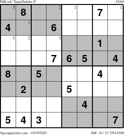 The grouppuzzles.com Difficult SuperSudoku-8 puzzle for Saturday October 19, 2024 with the first 3 steps marked