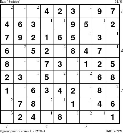 The grouppuzzles.com Easy Sudoku puzzle for Saturday October 19, 2024 with all 3 steps marked