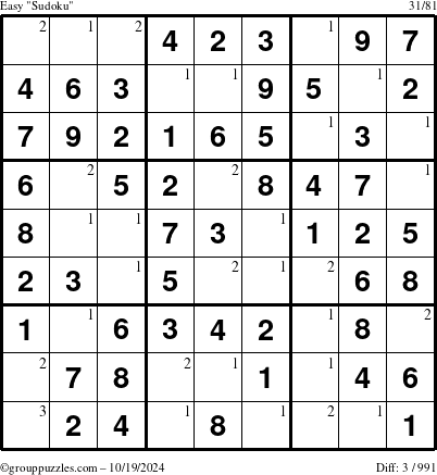 The grouppuzzles.com Easy Sudoku puzzle for Saturday October 19, 2024 with the first 3 steps marked