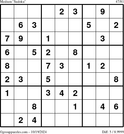 The grouppuzzles.com Medium Sudoku puzzle for Saturday October 19, 2024