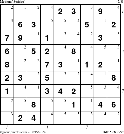 The grouppuzzles.com Medium Sudoku puzzle for Saturday October 19, 2024, suitable for printing, with all 5 steps marked