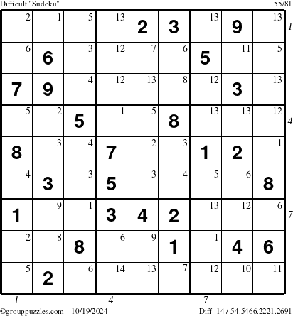 The grouppuzzles.com Difficult Sudoku puzzle for Saturday October 19, 2024 with all 14 steps marked