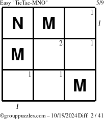 The grouppuzzles.com Easy TicTac-MNO puzzle for Saturday October 19, 2024 with all 2 steps marked