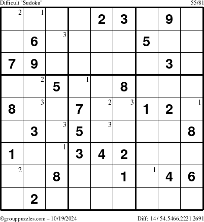 The grouppuzzles.com Difficult Sudoku puzzle for Saturday October 19, 2024 with the first 3 steps marked