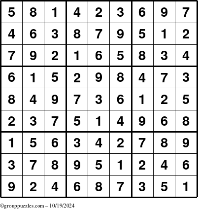 The grouppuzzles.com Answer grid for the Sudoku puzzle for Saturday October 19, 2024