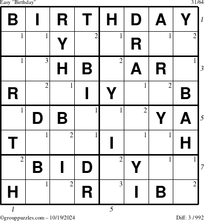 The grouppuzzles.com Easy Birthday puzzle for Saturday October 19, 2024 with all 3 steps marked