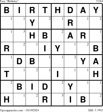 The grouppuzzles.com Easy Birthday puzzle for Saturday October 19, 2024 with the first 3 steps marked