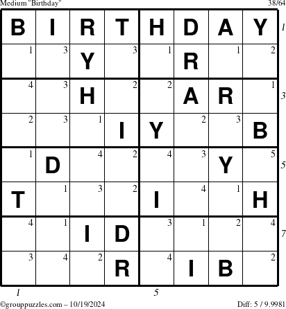 The grouppuzzles.com Medium Birthday puzzle for Saturday October 19, 2024 with all 5 steps marked