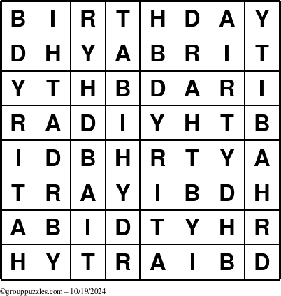 The grouppuzzles.com Answer grid for the Birthday puzzle for Saturday October 19, 2024