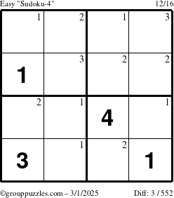 The grouppuzzles.com Easy Sudoku-4 puzzle for Saturday March 1, 2025 with the first 3 steps marked