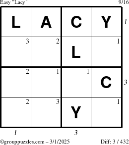 The grouppuzzles.com Easy Lacy puzzle for Saturday March 1, 2025, suitable for printing, with all 3 steps marked