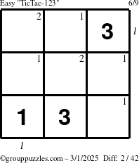 The grouppuzzles.com Easy TicTac-123 puzzle for Saturday March 1, 2025 with all 2 steps marked