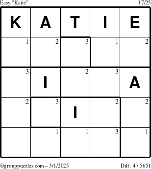 The grouppuzzles.com Easy Katie puzzle for Saturday March 1, 2025 with the first 3 steps marked