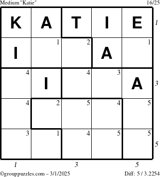 The grouppuzzles.com Medium Katie puzzle for Saturday March 1, 2025 with all 5 steps marked