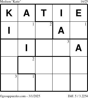 The grouppuzzles.com Medium Katie puzzle for Saturday March 1, 2025 with the first 3 steps marked