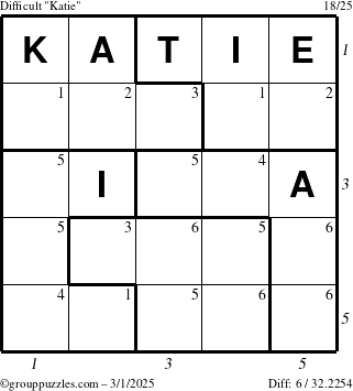 The grouppuzzles.com Difficult Katie puzzle for Saturday March 1, 2025 with all 6 steps marked