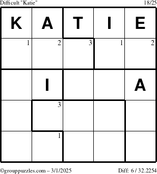 The grouppuzzles.com Difficult Katie puzzle for Saturday March 1, 2025 with the first 3 steps marked