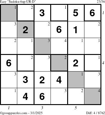 The grouppuzzles.com Easy Sudoku-6up-UR-D puzzle for Saturday March 1, 2025 with all 4 steps marked