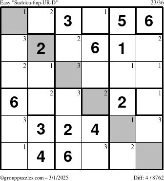 The grouppuzzles.com Easy Sudoku-6up-UR-D puzzle for Saturday March 1, 2025 with the first 3 steps marked