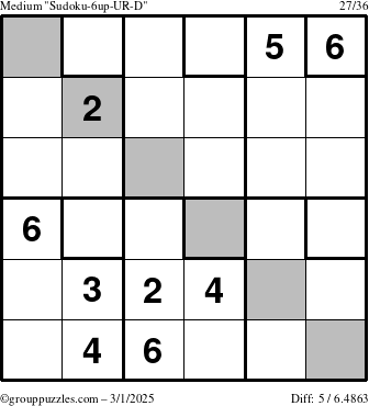 The grouppuzzles.com Medium Sudoku-6up-UR-D puzzle for Saturday March 1, 2025