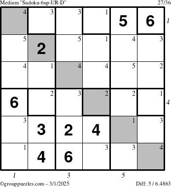 The grouppuzzles.com Medium Sudoku-6up-UR-D puzzle for Saturday March 1, 2025 with all 5 steps marked