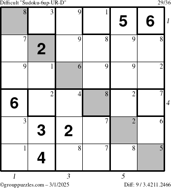 The grouppuzzles.com Difficult Sudoku-6up-UR-D puzzle for Saturday March 1, 2025 with all 9 steps marked