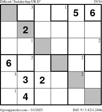 The grouppuzzles.com Difficult Sudoku-6up-UR-D puzzle for Saturday March 1, 2025 with the first 3 steps marked