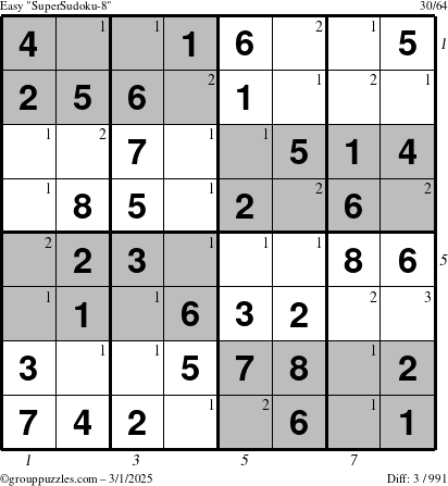 The grouppuzzles.com Easy SuperSudoku-8 puzzle for Saturday March 1, 2025 with all 3 steps marked