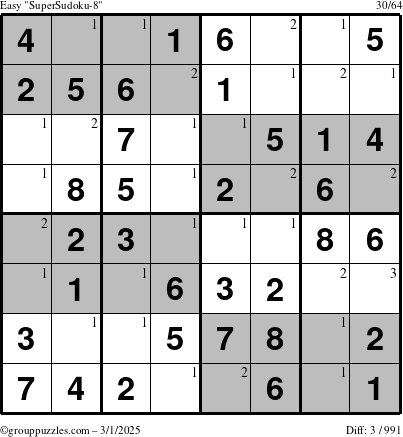 The grouppuzzles.com Easy SuperSudoku-8 puzzle for Saturday March 1, 2025 with the first 3 steps marked