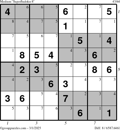 The grouppuzzles.com Medium SuperSudoku-8 puzzle for Saturday March 1, 2025 with all 8 steps marked