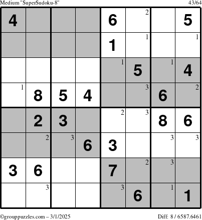 The grouppuzzles.com Medium SuperSudoku-8 puzzle for Saturday March 1, 2025 with the first 3 steps marked