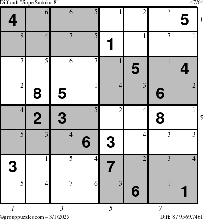 The grouppuzzles.com Difficult SuperSudoku-8 puzzle for Saturday March 1, 2025 with all 8 steps marked