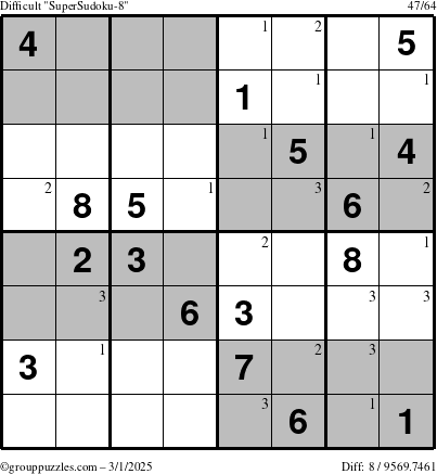 The grouppuzzles.com Difficult SuperSudoku-8 puzzle for Saturday March 1, 2025 with the first 3 steps marked