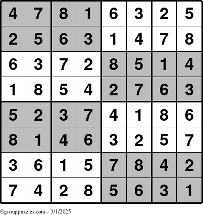 The grouppuzzles.com Answer grid for the SuperSudoku-8 puzzle for Saturday March 1, 2025