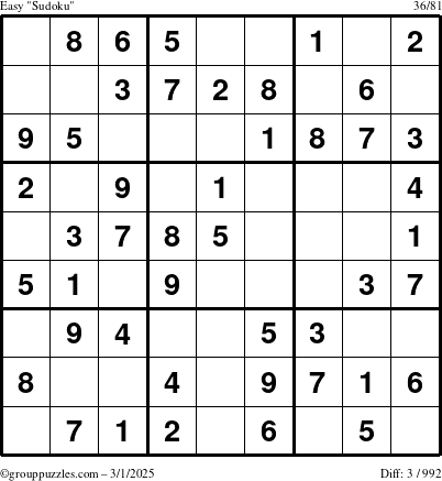 The grouppuzzles.com Easy Sudoku puzzle for Saturday March 1, 2025