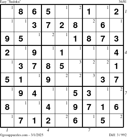 The grouppuzzles.com Easy Sudoku puzzle for Saturday March 1, 2025 with all 3 steps marked