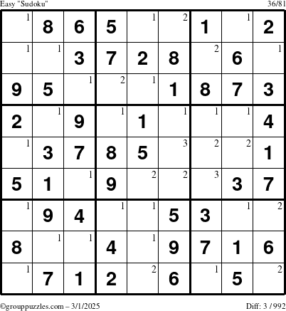 The grouppuzzles.com Easy Sudoku puzzle for Saturday March 1, 2025 with the first 3 steps marked