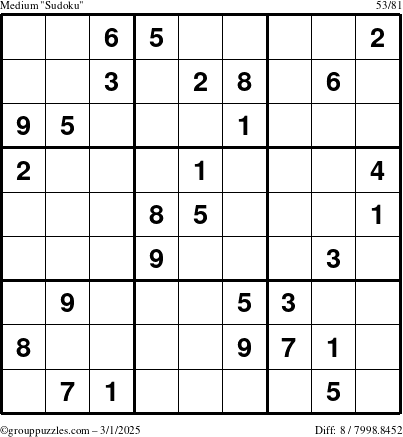 The grouppuzzles.com Medium Sudoku puzzle for Saturday March 1, 2025