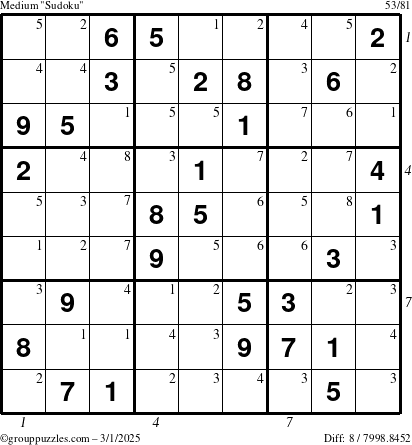 The grouppuzzles.com Medium Sudoku puzzle for Saturday March 1, 2025, suitable for printing, with all 8 steps marked