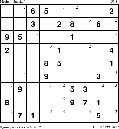 The grouppuzzles.com Medium Sudoku puzzle for Saturday March 1, 2025 with the first 3 steps marked